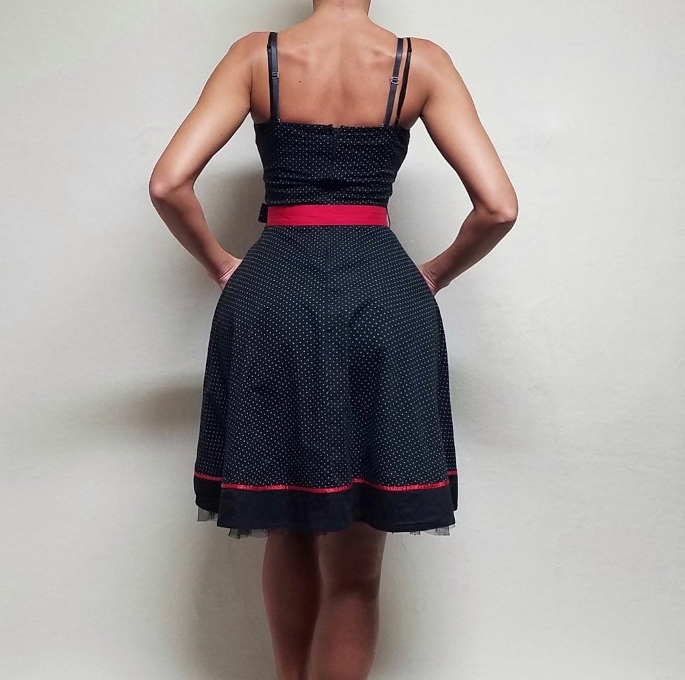 90s Vintage Ruby Rox Black Red Polka-dot Tie-Waist Tulle Fit & Flare Midi Dress - Picture 3 of 14